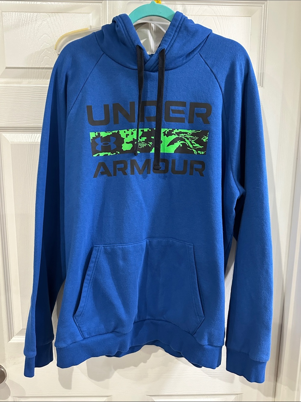 Under Armour Men's Royal Blue Hoodie with Neon Green Graphic